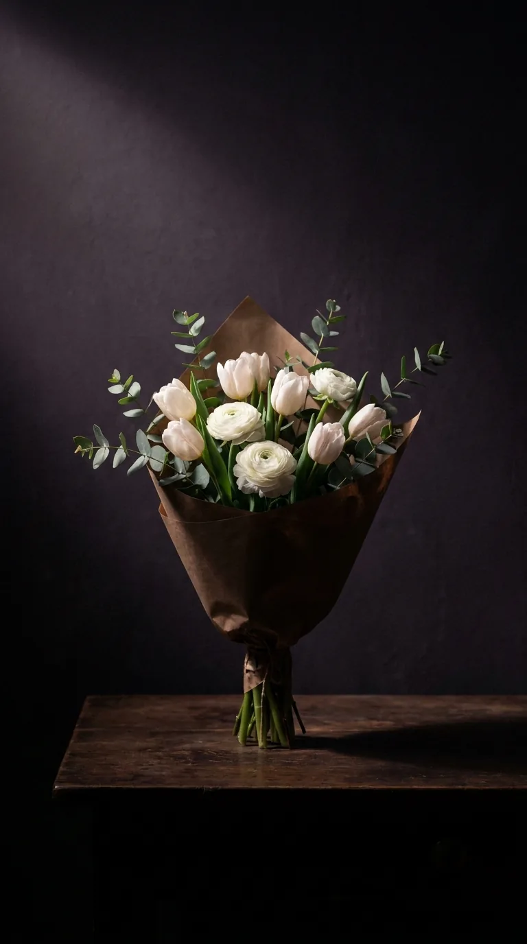 The Apology, white tulips and ranunculus to say sorry